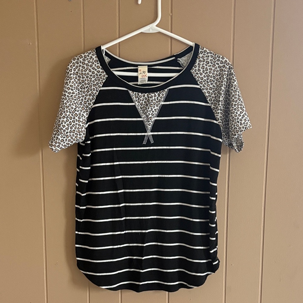 7th Ray Black and White Striped Top with Leopard Print Sleeves